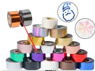 A roll of hot foil stamping paper showing metallic gold finish, with width options of 3cm and 5cm on a 120m long roll.