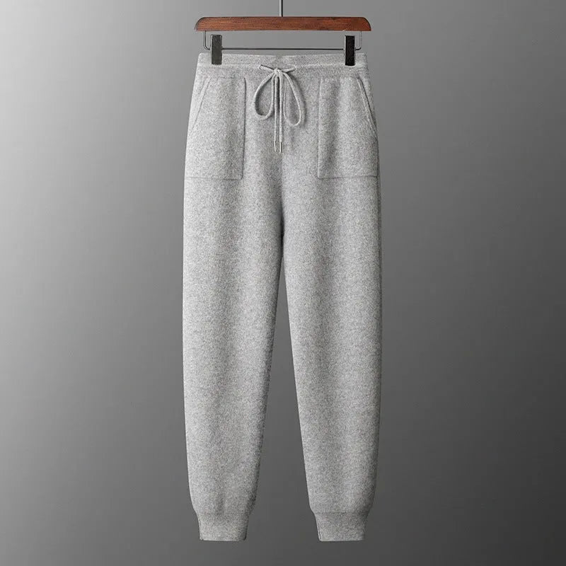 Men's light grey cashmere hoodie and trousers leisure set with hooded sweatshirt