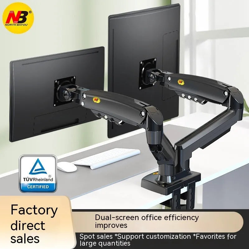 Dual monitor desk clamp bracket showing VESA mounting arms and height adjustment mechanism.