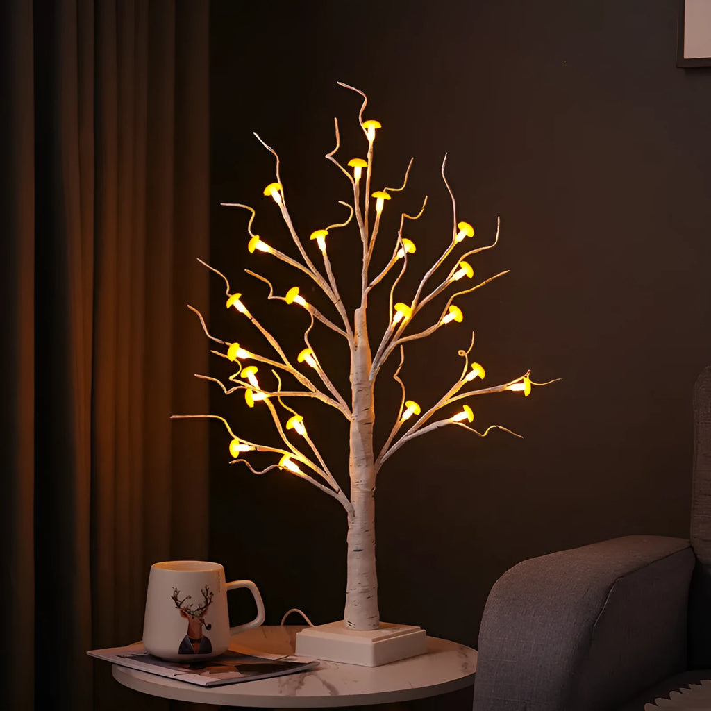 60cm tall LED mushroom tree lamp with 24 detachable plastic flowers and birch-like branches