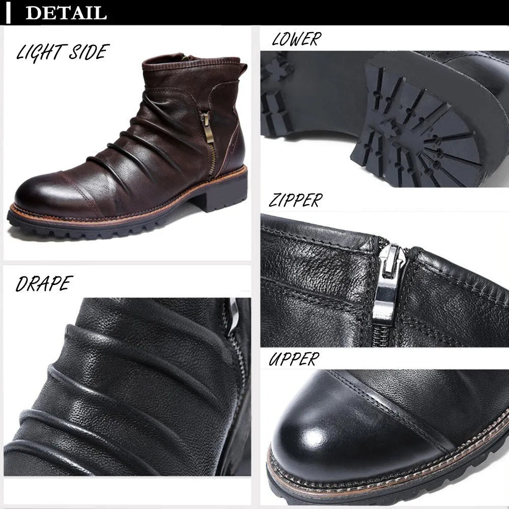 Men's black side-zip cowboy boots with embossed texture and a mid-height horseshoe rubber heel.
