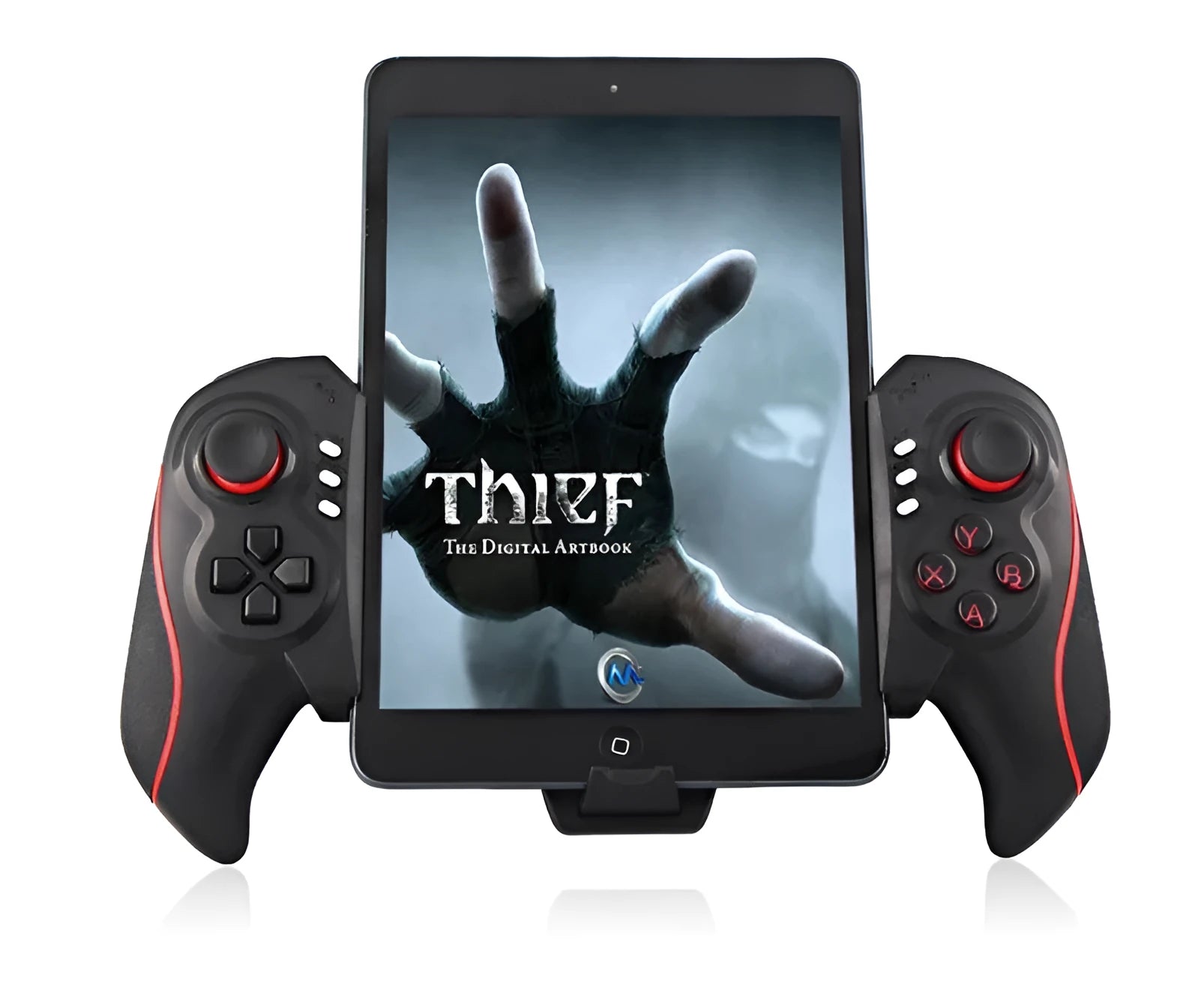 Black wireless telescopic game controller expanded to hold a mobile phone.