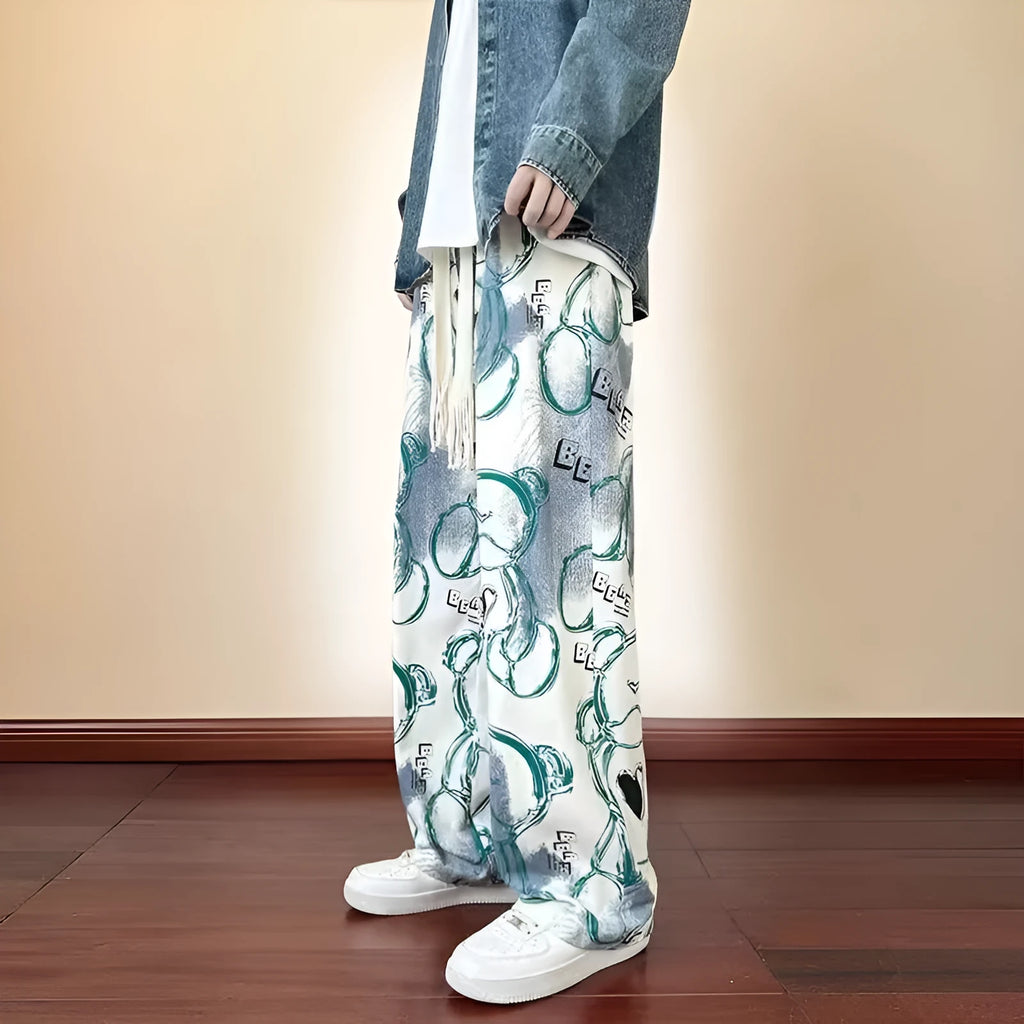 Men's casual polyester fibre trousers with cartoon print in black, size M to XXXL