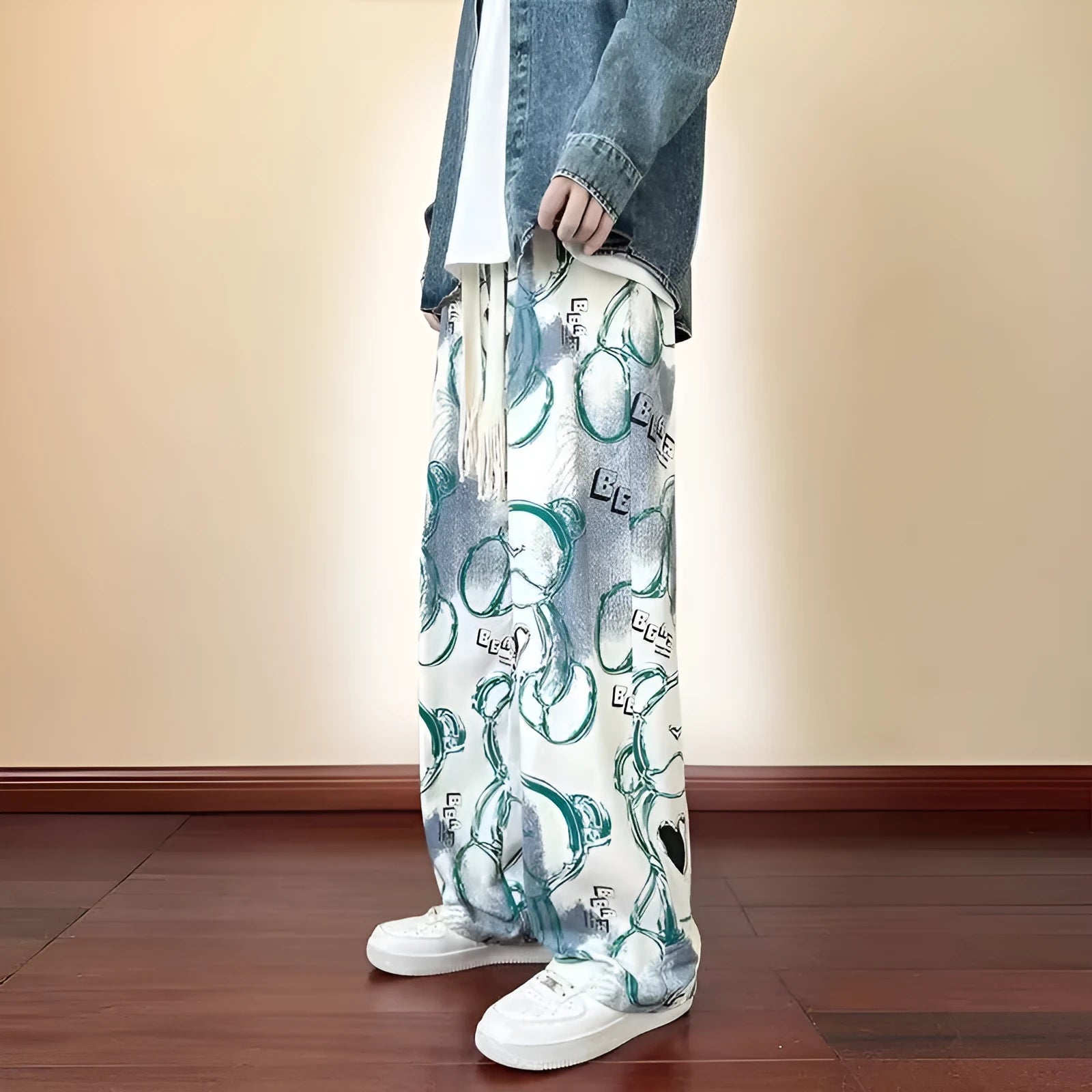 Men's casual polyester fibre trousers with cartoon print in black, size M to XXXL