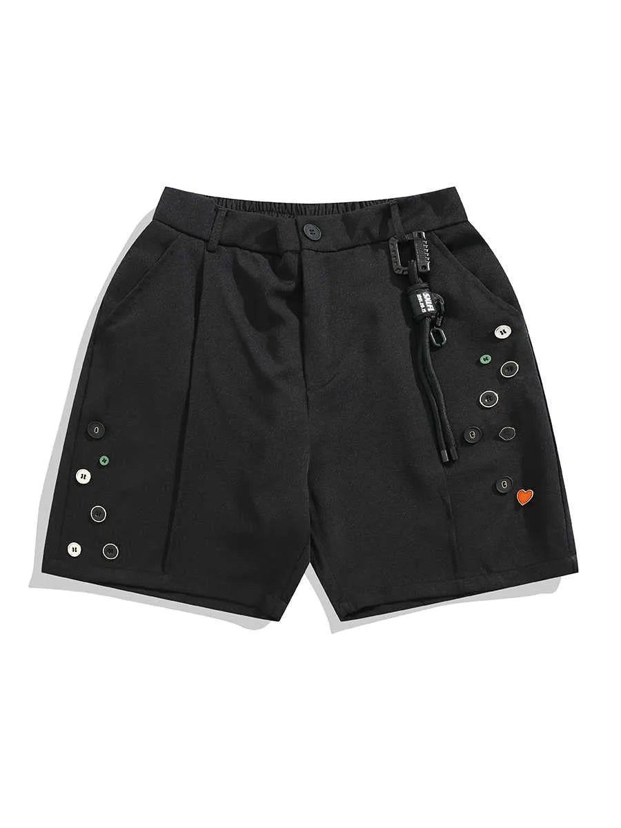 Black loose-fit semi-elastic shorts with button and zipper closure on a mid-rise waist