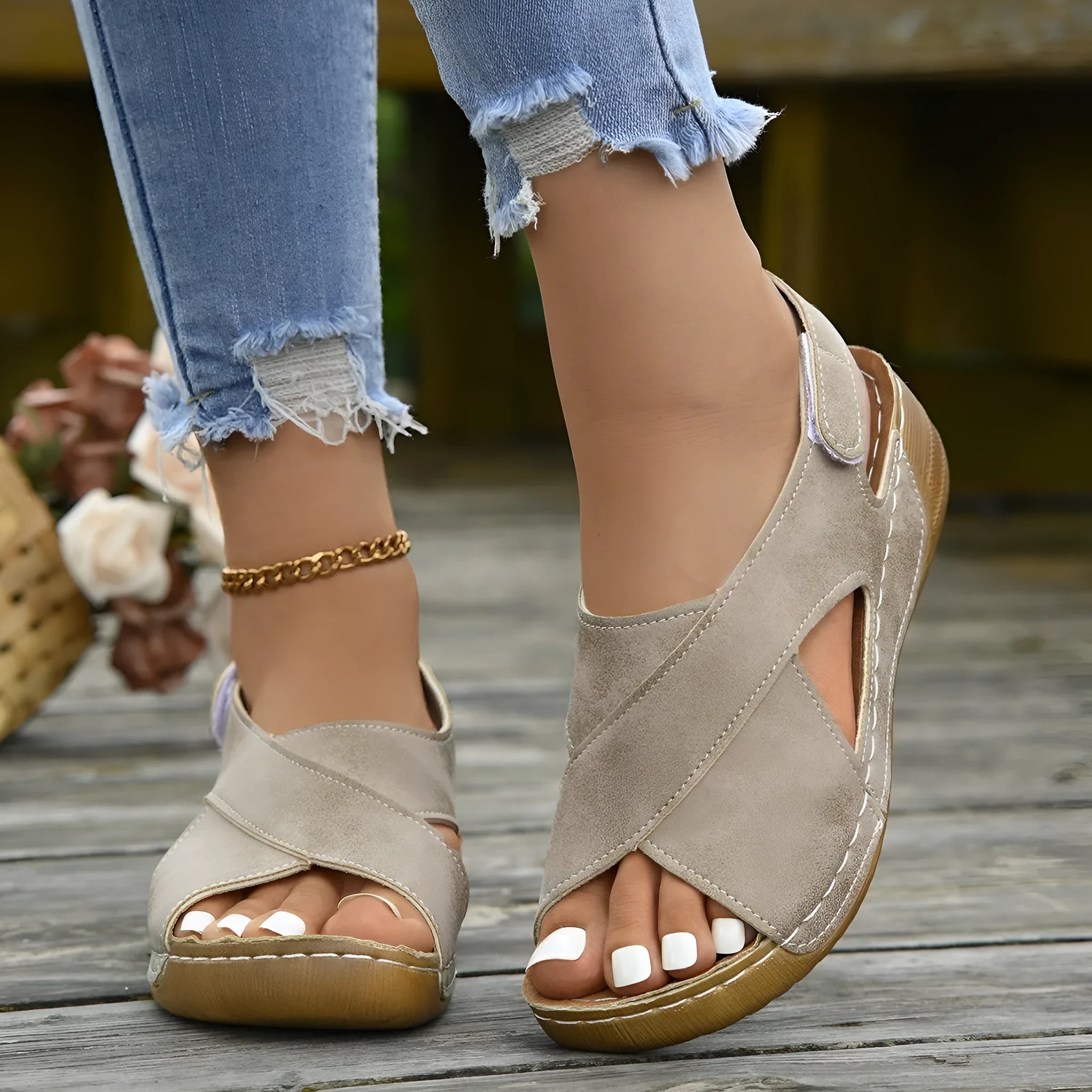 Roman platform sandals with skirt detail and adjustable Velcro strap in earthy colour options