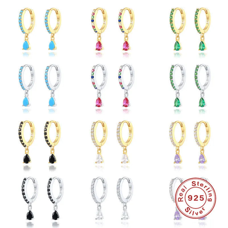 S925 sterling silver water drop earrings with geometric shape and decorative elements