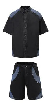 Retro washed blue denim short-sleeve jacket and matching trousers suit laid flat.