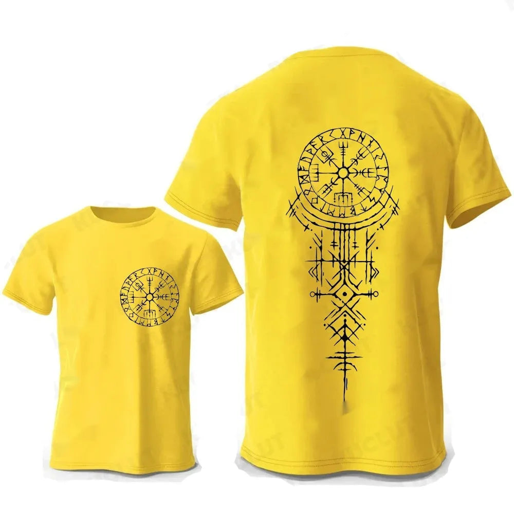 Man wearing a black cotton T-shirt with a detailed white Viking rune compass graphic on the chest.