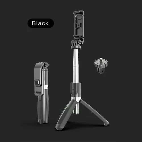 Extended black Bluetooth selfie stick with tripod legs deployed and smartphone attached.