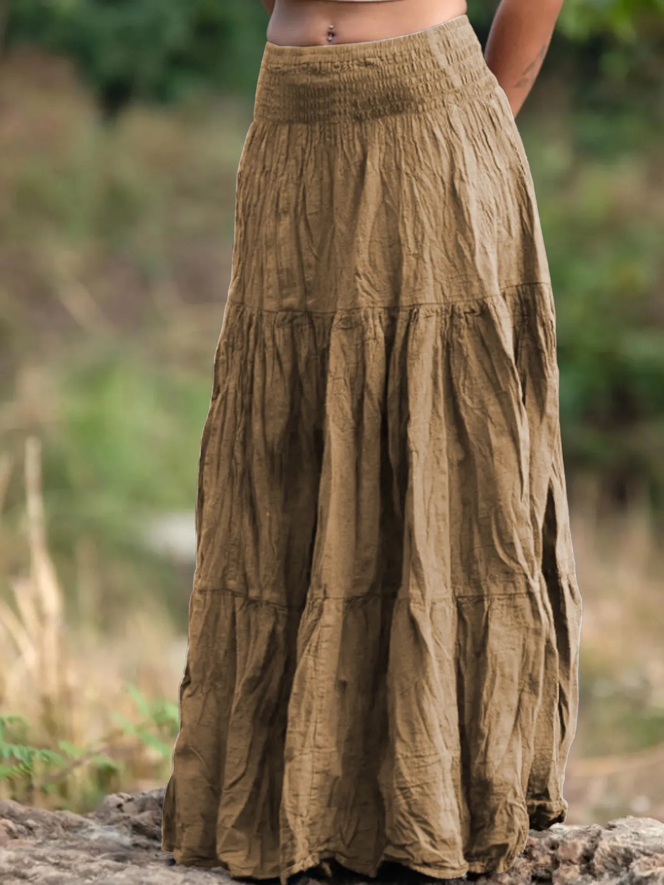 Women's waist smocking mid-length retro skirt in viscose fibre with folding detail, available in multiple colours and sizes