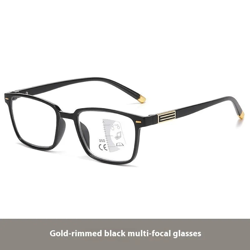 Anti blue light multifocal reading glasses with colour changing lenses in a black and gold frame style.
