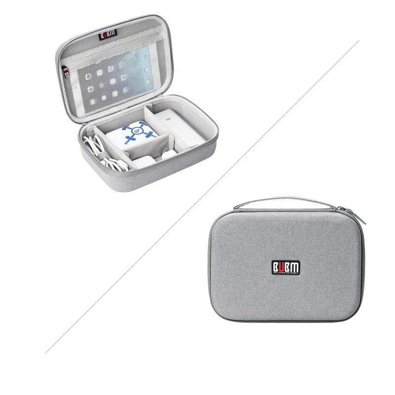 Black and grey EVA digital storage bag for headphones and cables, showing hand bag shape.