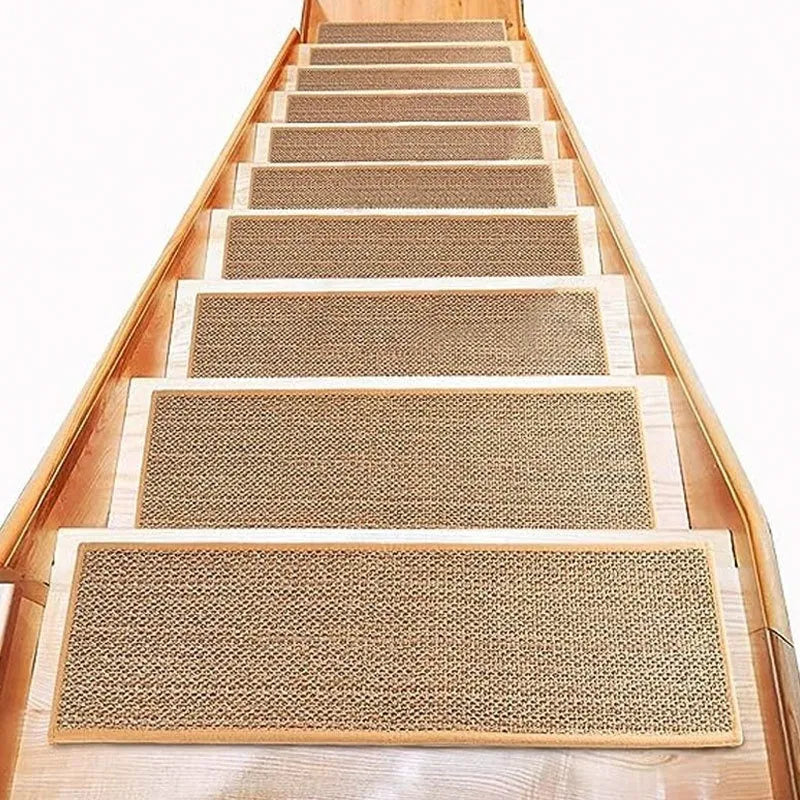Japanese-style linen-look stair mat in camel colour on a wooden step, showing rubber bottom.