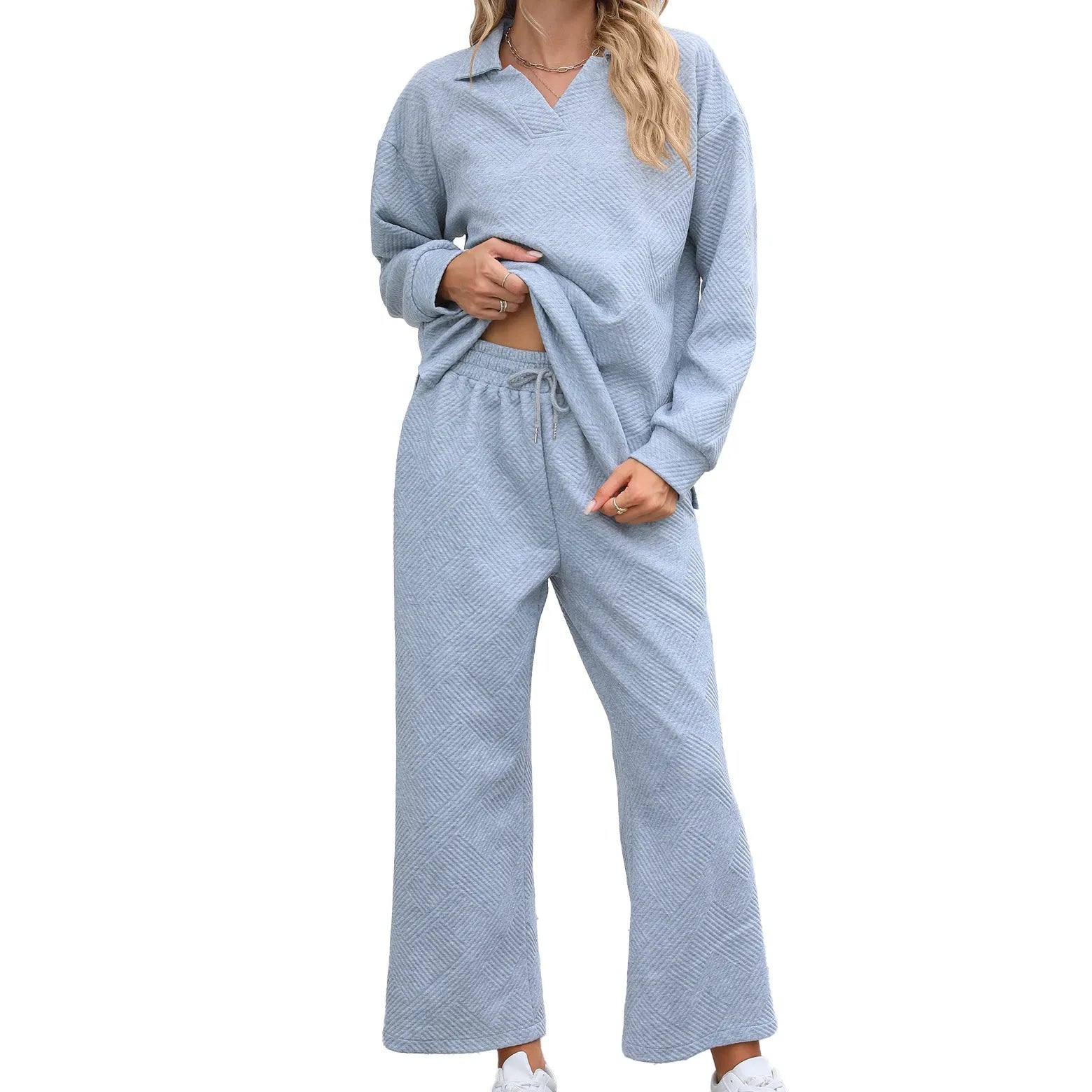Women's black geometric pattern knitted jacquard two-piece suit with long sleeves and elastic waist trousers