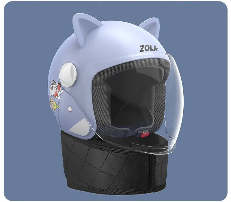 Adult electric bicycle helmet with attached winter scarf and anti-fog visor in blue colour