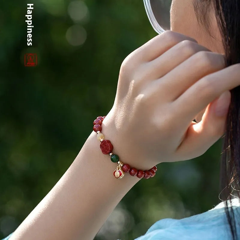 Cinnabar emperor sandstone bracelet with fu character symbol in new Chinese style design