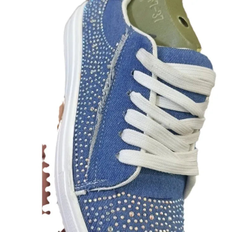 Plus size women's black lace-up casual shoes with rhinestone decoration and a thick rubber sole.