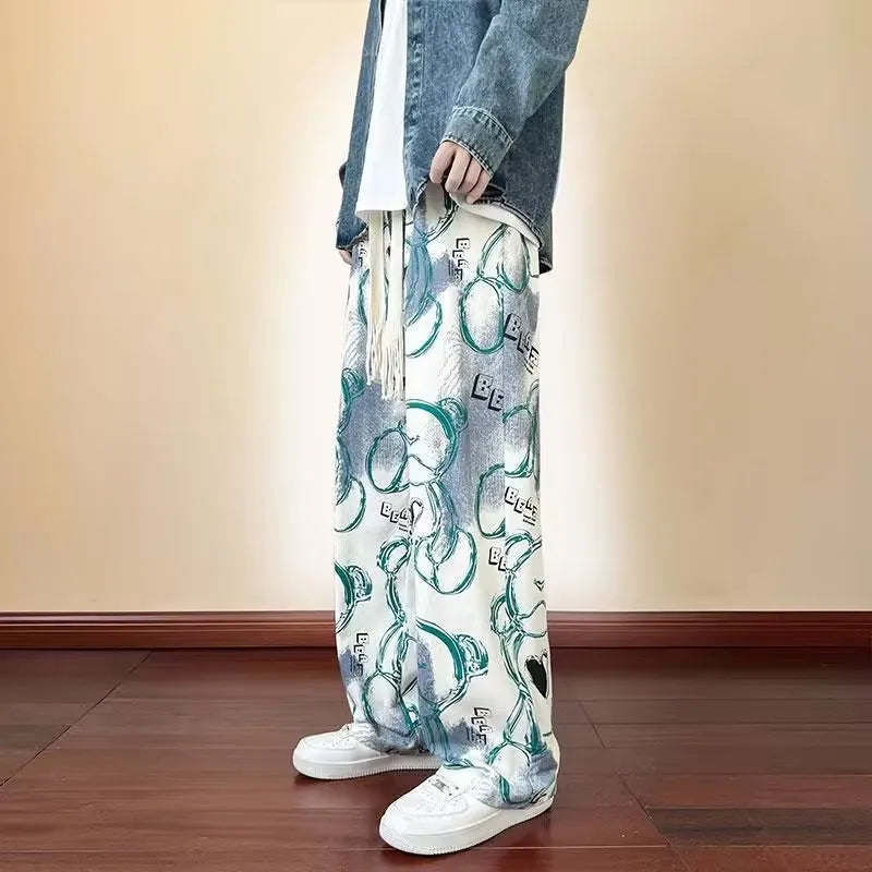 Men's casual polyester fibre trousers with cartoon print in black, size M to XXXL