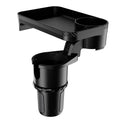 Black ABS plastic car-mounted rotating dinner tray holder installed in vehicle cup holder