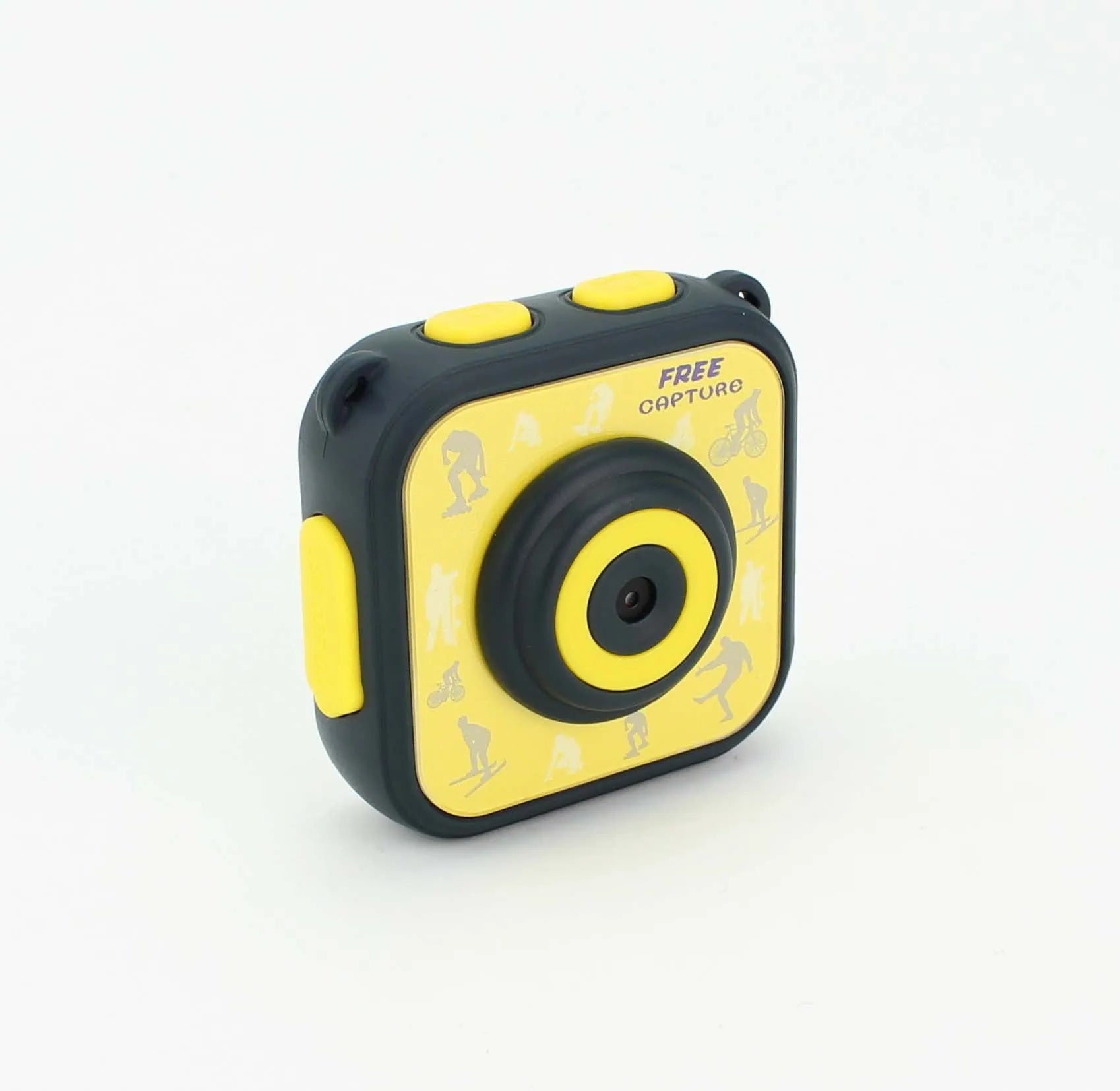 Yellow children's waterproof sports camera showing front with lens and 1.77-inch screen