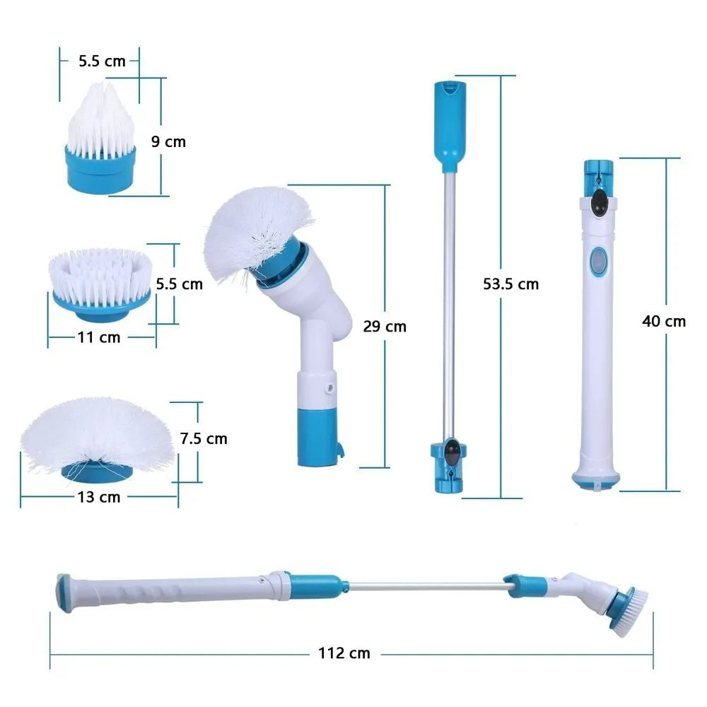 Blue rechargeable electric cleaning brush with retractable extension rod and three brush heads