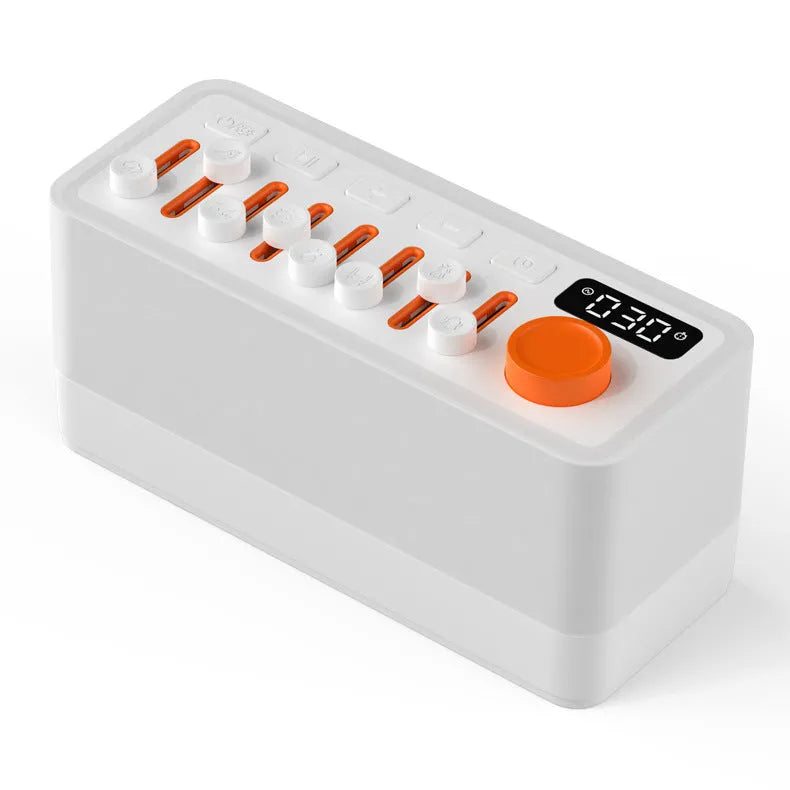 White DIY smart sleep speaker RGB colour small night lamp with alarm and call functions on a bedside table