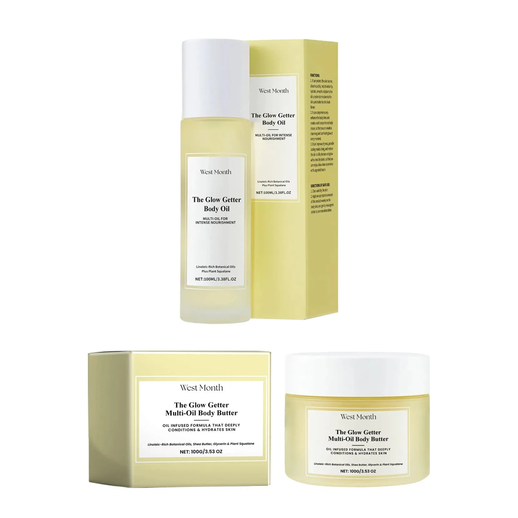 Body care kit with skincare oil and moisturising cream for nourishing and firming