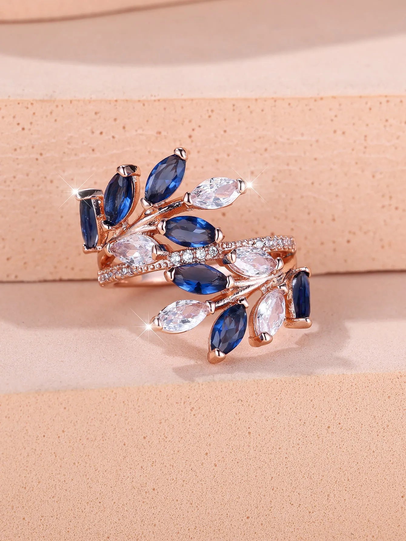 Adjustable copper leaf ring with zircon finishes in multiple colour options