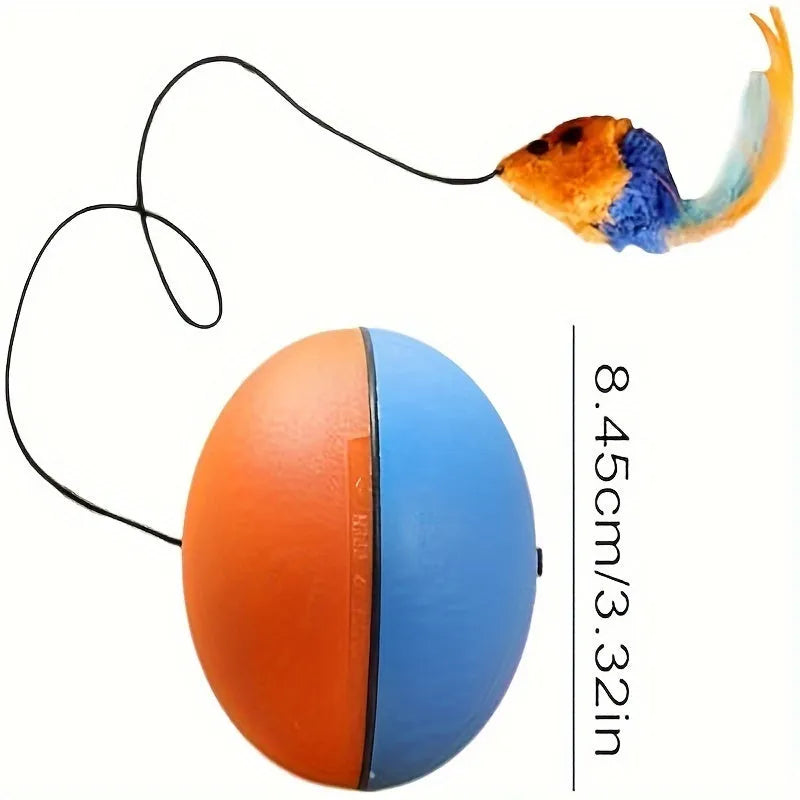 Interactive blue and orange cat toy ball with removable plush mouse for feline play