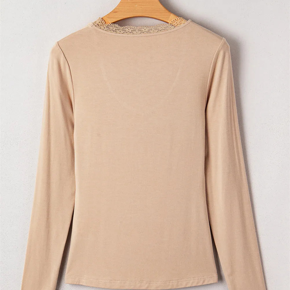 Women's solid colour long sleeve top with lace trim in Japanese Korean casual style
