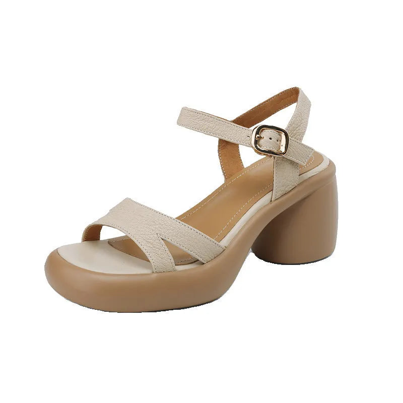 Women's open toe platform sandals in apricot colour with adjustable ankle strap