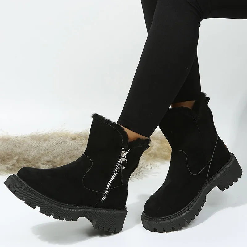 Black high-top women's snow boots with side zipper and faux fur cuff