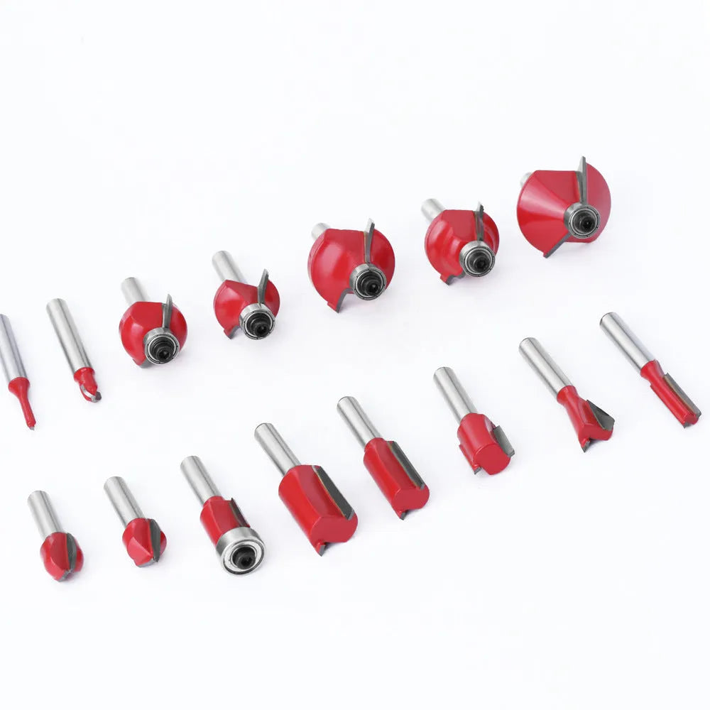 15-piece tungsten steel router bits set with 1/4 inch shank in red case for trimmer machines