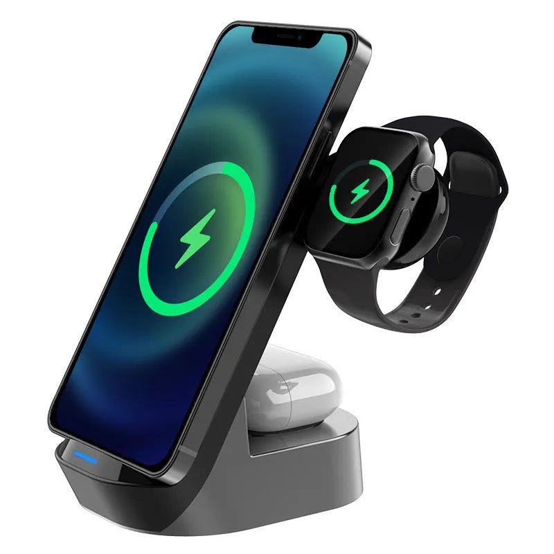 Black grey foldable wireless charging stand showing phone vertical charging, watch charging and earbuds case charging