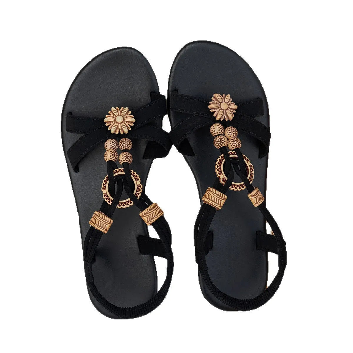 Black women's ethnic style flat beach sandals with beaded weave and rhinestone decorations.
