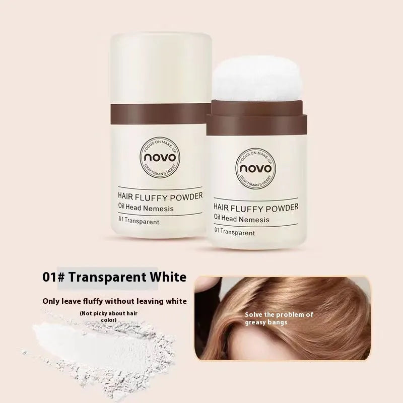 Oil control powder container showing transparent, brown, and dark brown powder variants for hair and facial application