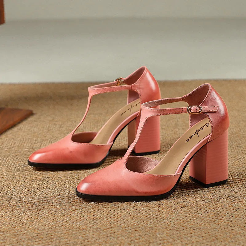 Baotou hollow women's Mary Jane shoes with pointed toe, buckle fastening, available in dark brown and pink colours
