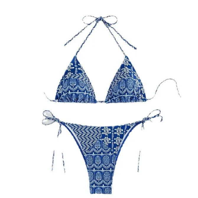 Women's split bikini swimsuit with stitching bandage design in polyester fabric