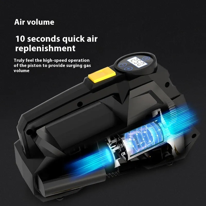 Black portable car tyre inflator with digital display and LED light feature