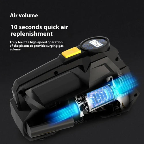 Black portable car tyre inflator with digital display and LED light feature