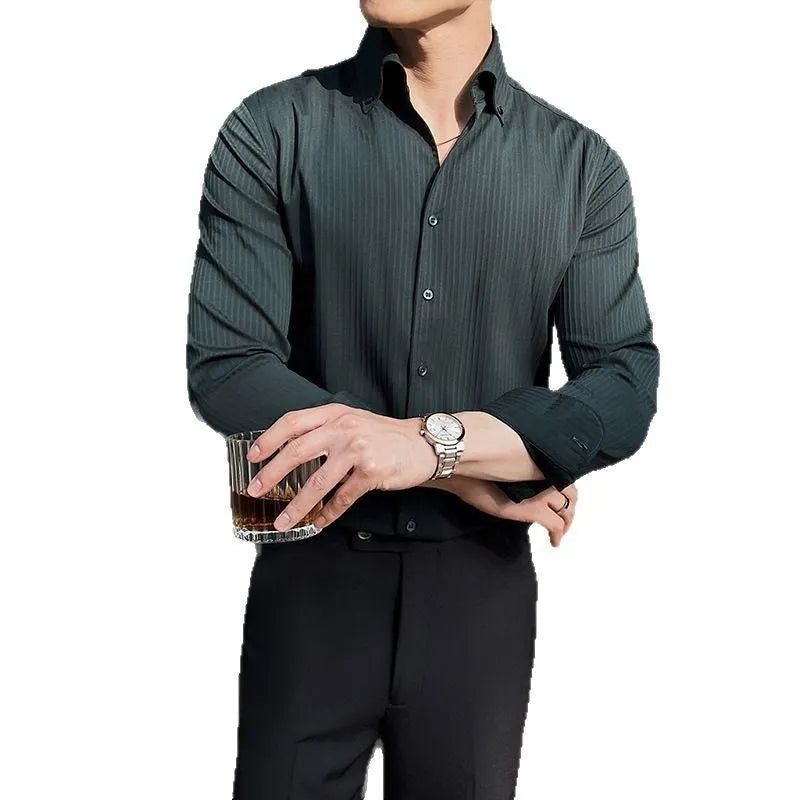 Man wearing a striped V-neck long sleeve casual shirt in a choice of colours.