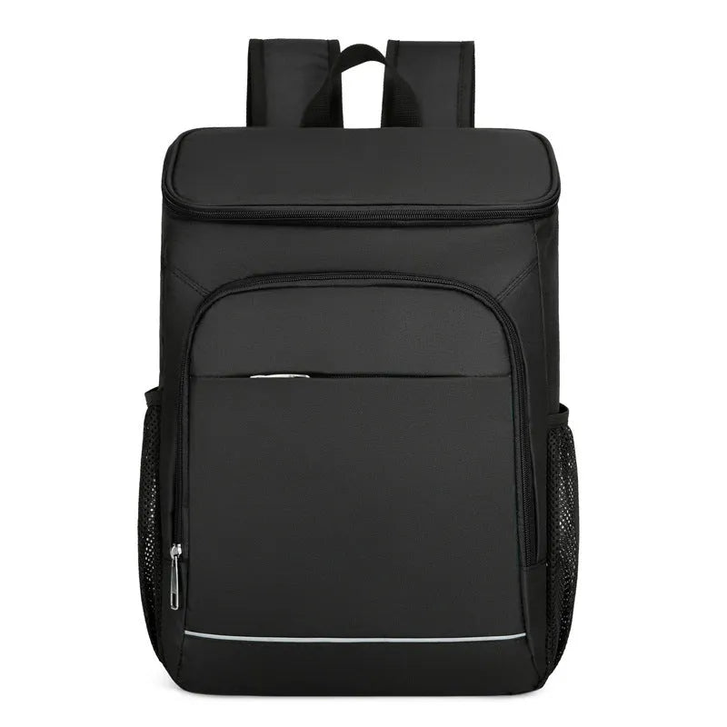 Large outdoor thermal picnic backpack in grey-orange colour with curved shoulder straps and compartments.