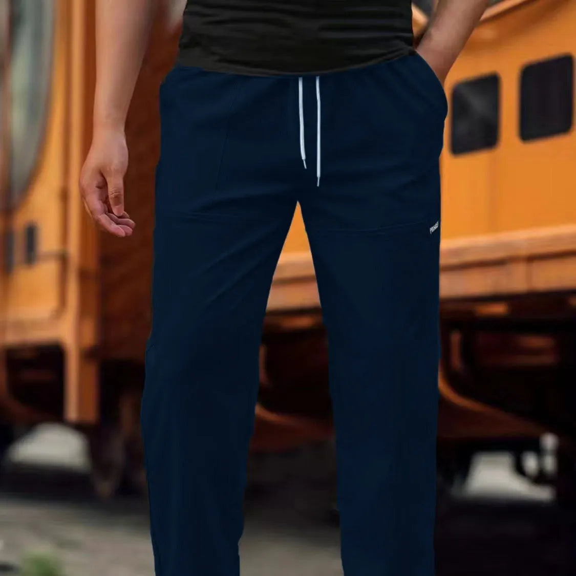 Men's polyester trousers in multiple colours including light grey, dark green, black for spring and autumn wear