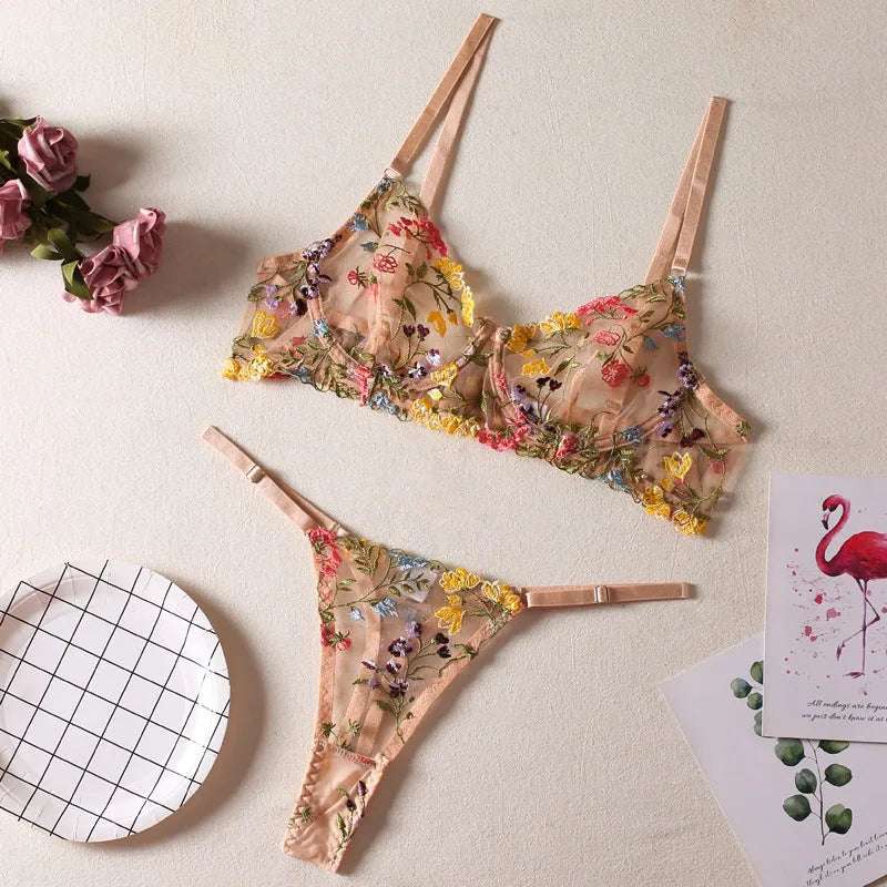 Traditional floral 3/4 cup mesh bra with steel ring and matching T-back underwear in skin colour.