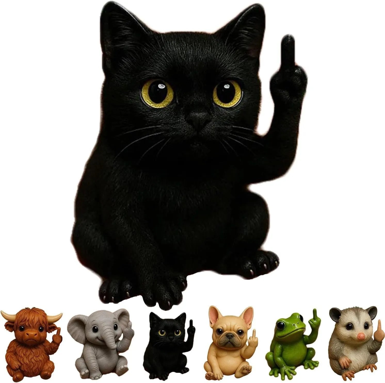 Mini resin animal doll in vertical middle finger pose - available in seven animal designs including cat, dog, elephant, frog, highland cattle, mouse, and turtle