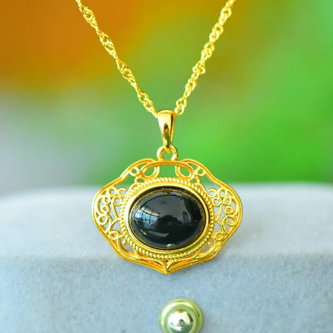 Flat natural Hetian Jade pendant with copper inlay design on a necklace chain
