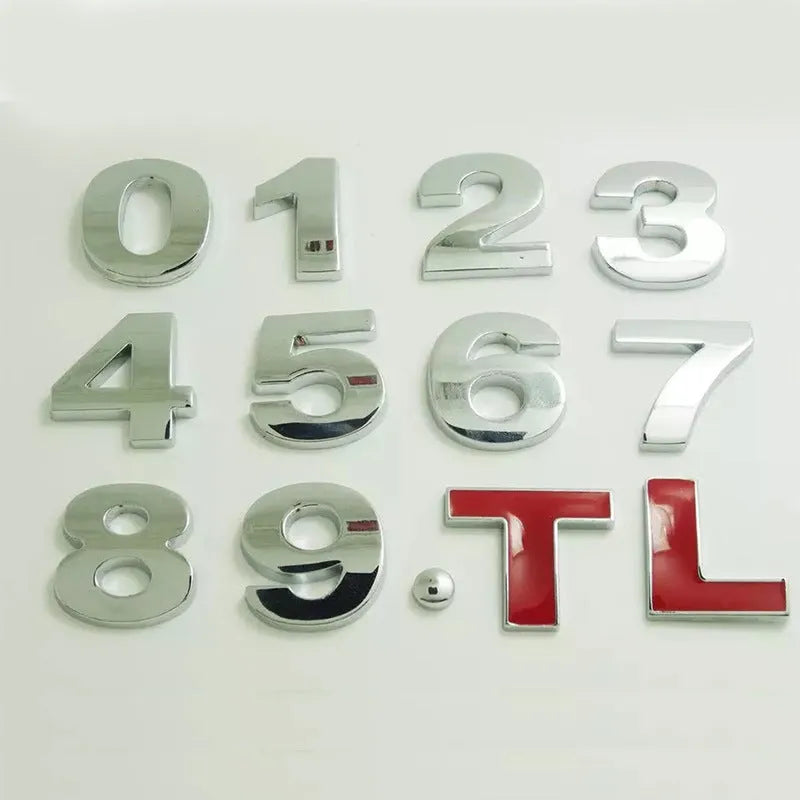 Zinc alloy 3D car bumper stickers showing individual metal letters approximately 2.5cm tall in black and silver finishes