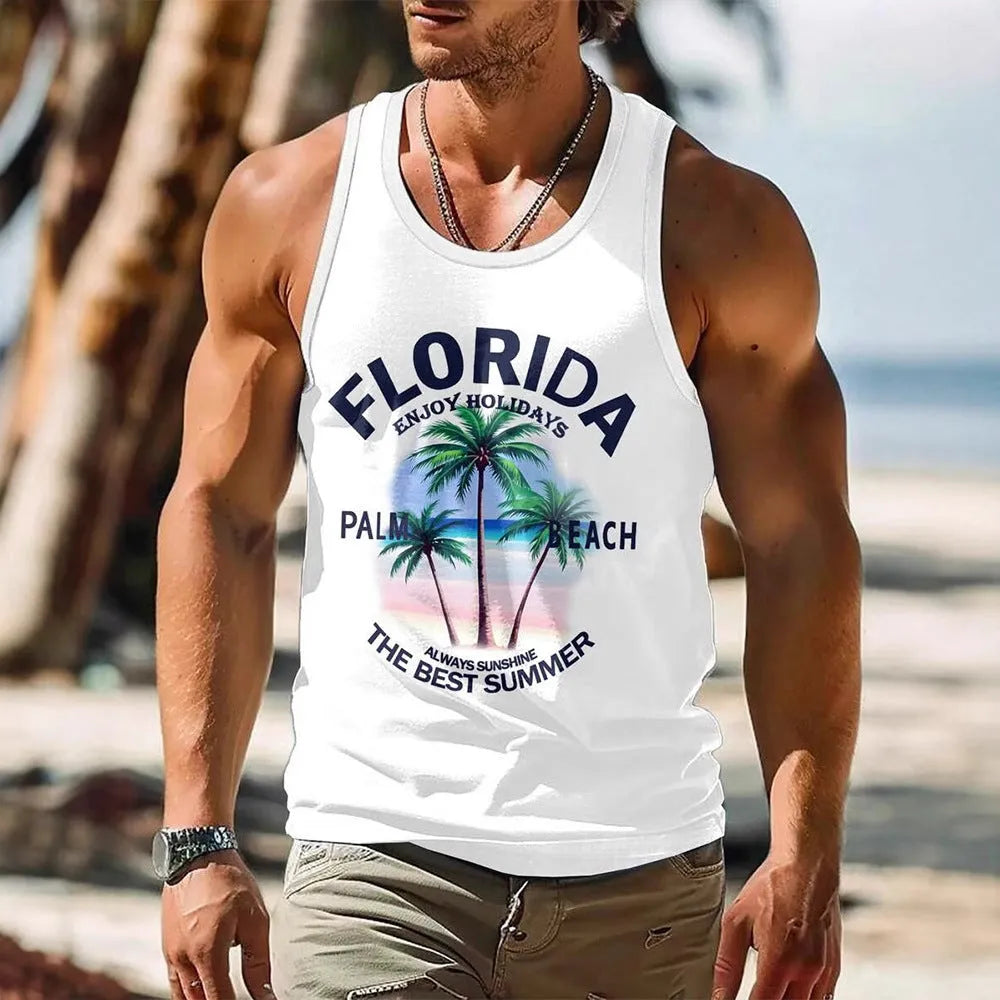 Men's Hawaiian style sleeveless tank top in polyester pinhole cloth showing solid colour option