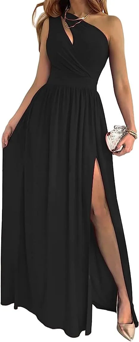 Women's one shoulder cocktail maxi dress with high side split in soft fabric